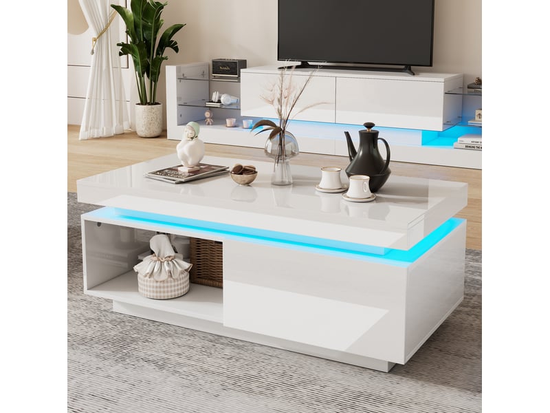  Table basse 100x50x40 cm moderne haute brillance led tiroir capacité 50 kg panneaux de particules finition blanc  - Conforama D