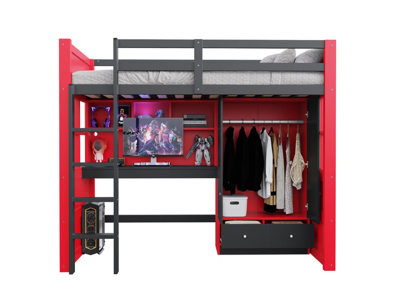  Lit mezzanine 90x200 cm avec bureau, armoire et rangement - lit enfant avec tiroirs et led - bois noir et rouge  - Conforama A