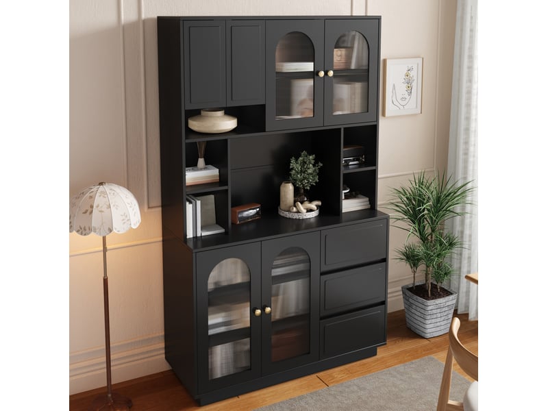  Buffet de cuisine haut avec 6 portes, 3 tiroirs et led pilotée par application en mdf noir pour salle à manger  - Conforama D