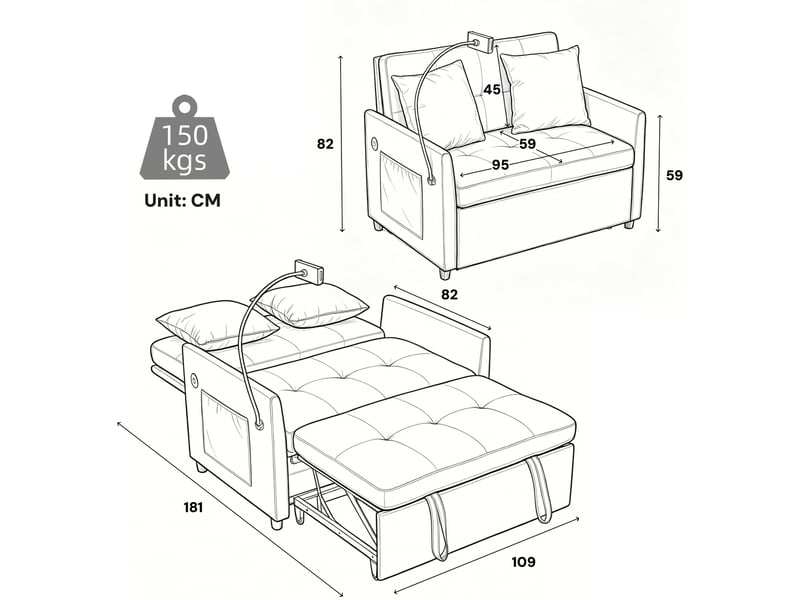 Fauteuil convertible une place avec port usb et support tablette, fonction repos, en tissu vert 109 × 72 × 83,5 cm - Conforama D