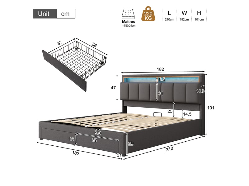  Lit double avec rangement hydraulique et led en lin gris foncé 180 x 200 cm  - Conforama E