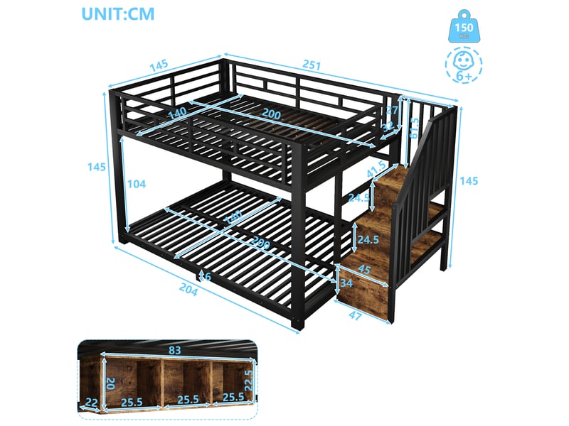  Lit superposé 140 x 200 cm, avec led, escalier avec rangement, 3 compartiments, garde-corps, sans matelas, métal, noir OMNIGLINT TRADING LTD - Conforama D