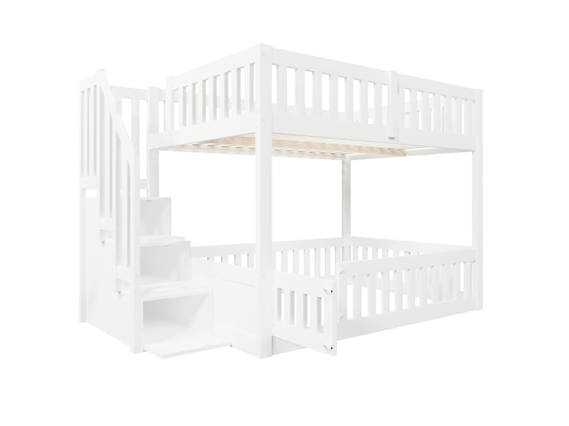  Lit superposé 140x200 cm avec escalier de rangement, blanc, sans matelas  - Conforama D