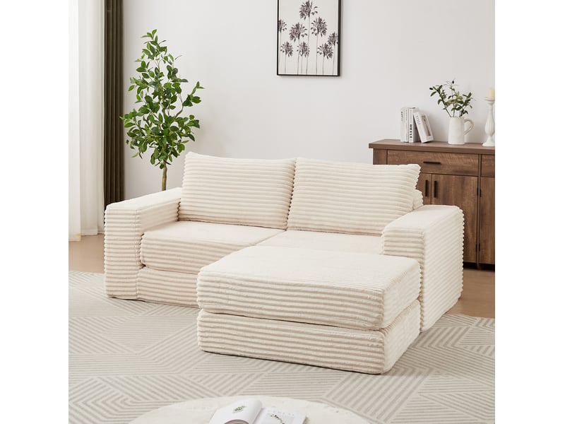 Canapé-lit modulable 2 places en velours côtelé beige avec repose-pieds amovible - Conforama C
