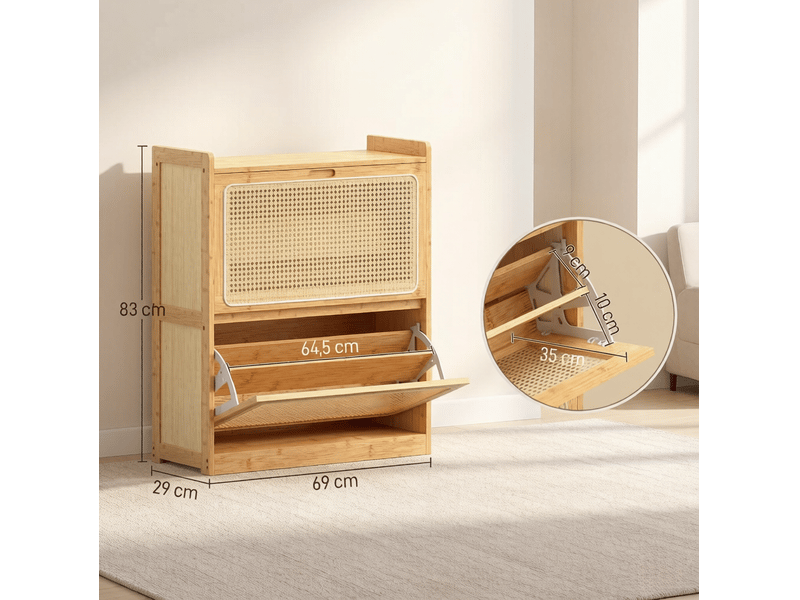  Meuble à chaussures ulevr à 2 compartiments abattants, 12 à 14 paires, 69 x 29 x 83 cm, bambou naturel  - Conforama C