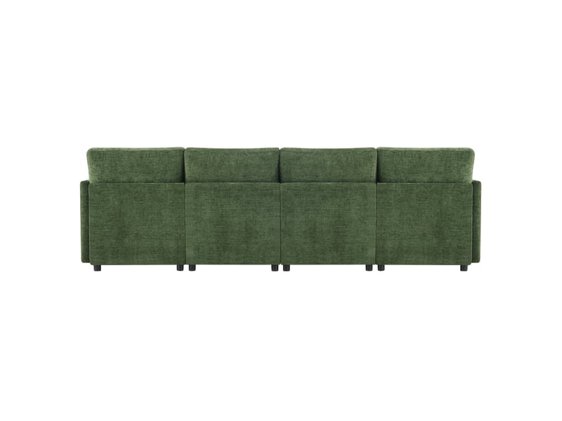 Canapé d'angle modulaire 278x161 cm avec 2 poufs et 6 coussins, canapé 4 places en tissu chenille vert - Conforama E