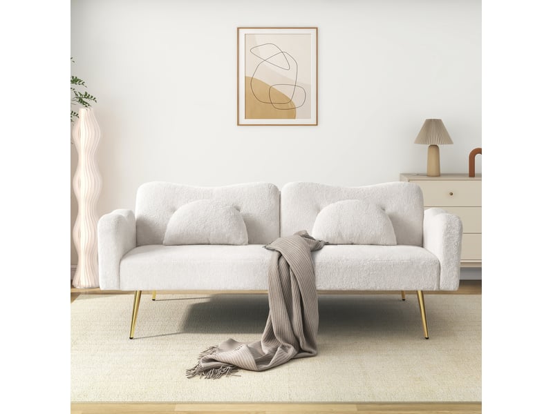  Canapé convertible scandinave 2 places 175x79x82cm, laine d'agneau tendre, mousse, pieds métal, dossier à 3 positions, blanc  - Conforama E