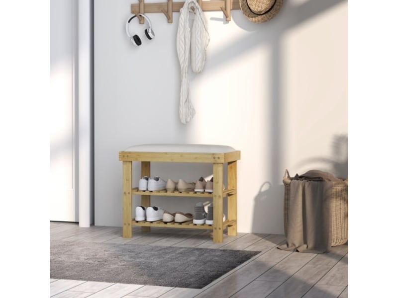  Banc à chaussures crème en bambou avec assise, rangement et 2 compartiments ouverts, 60x29x49 cm  - Conforama E