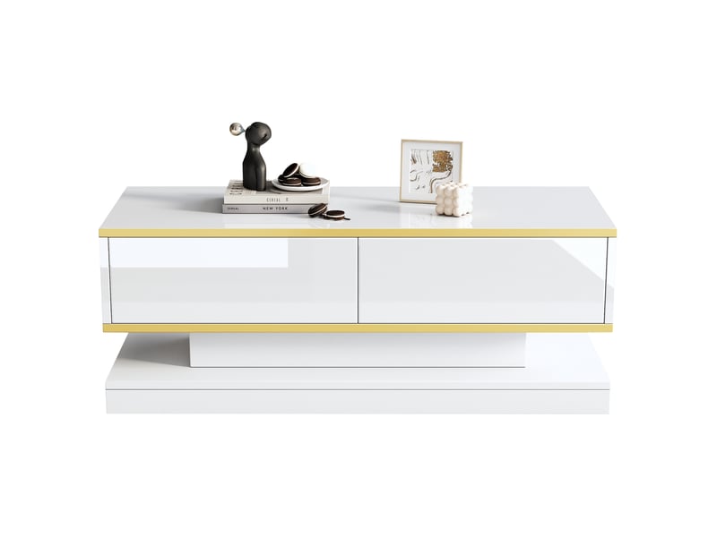  Table basse 100x50x38 cm 2 tiroirs xl ouverture pression forme unique laqué panneau particules blanc chaud doré  - Conforama A