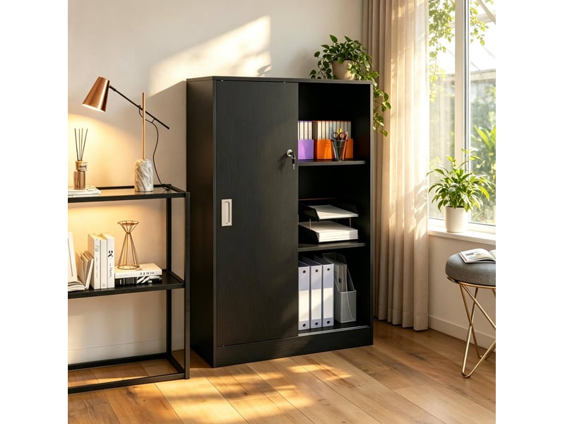  Armoire de classement 80 x 40 x 120 cm noire, panneaux mdf, portes coulissantes verrouillables pour le bureau  - Conforama D