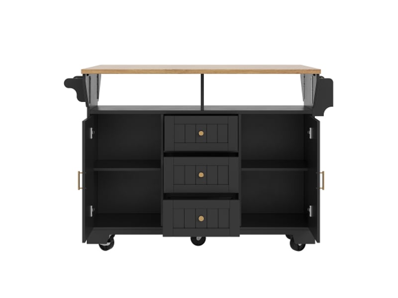  Îlot de cuisine extensible avec roulettes, noirblanc, 120×40(80)×95 cm, double extension, 2 portes, 3 tiroirs, porte-serviettes et porte-épices  - Conforama A