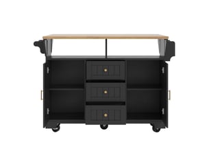 Îlot de cuisine extensible avec roulettes, noirblanc, 120×40(80)×95 cm, double extension, 2 portes, 3 tiroirs, porte-serviettes et porte-épices