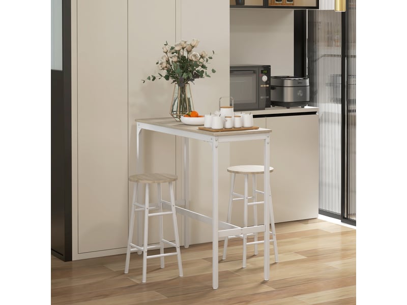  Ensemble table haute et deux tabourets de bar avec repose-pieds, style industriel, blanc et chêne.  - Conforama D