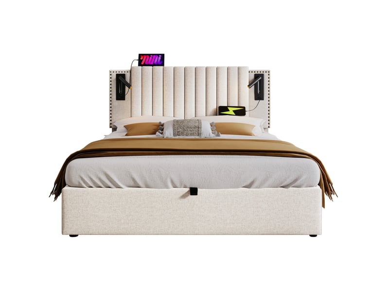  Lit coffre 140 x 200 cm beige en coton avec éclairage de lecture et ports usbusb type-c  - Conforama A
