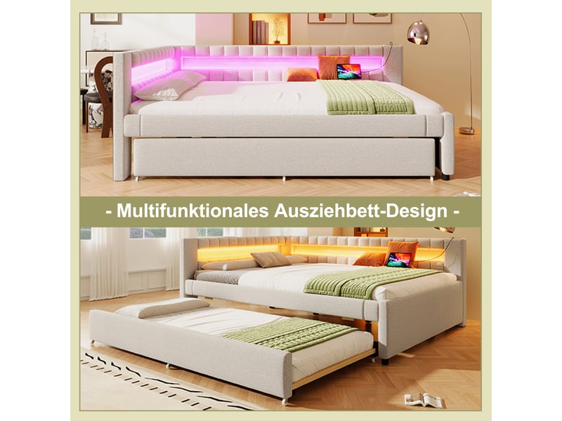  Lit banquette 140x200 canapé lit beige avec lit gigogne 90x190 led et ports usb type-c  - Conforama D