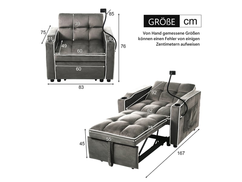  Fauteuil convertible 3-en-1 gris foncé en velours 83 x 167 x 76 cm  - Conforama E
