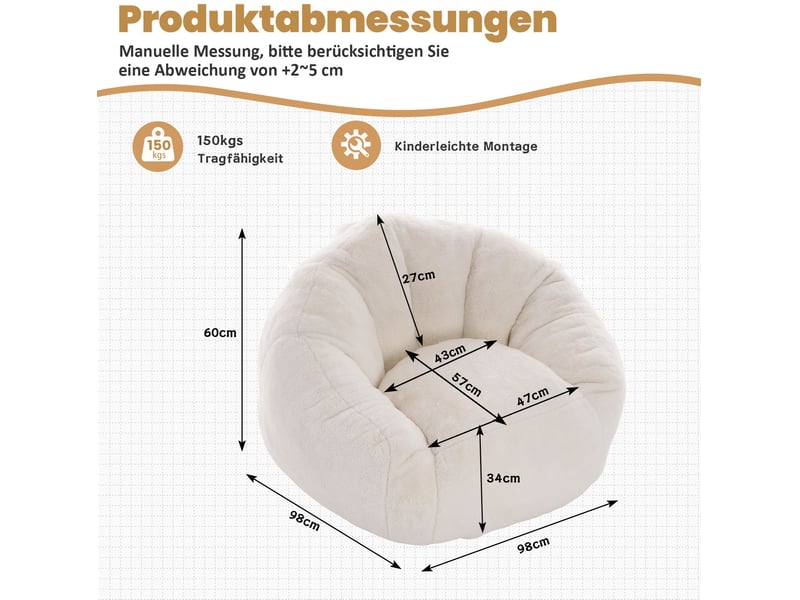 Fauteuil pouf avec mousse à mémoire de forme, dossier enveloppant et base antidérapante en polyester blanc 98 × 98 × 60 cm - Conforama E
