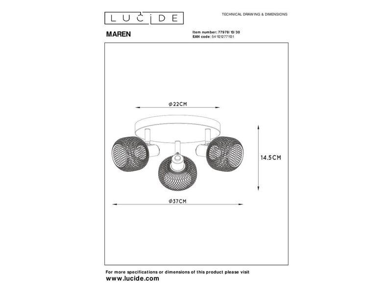 Spot plafond diam. 37 cm 3xe14 noir - lucide - maren  - Conforama E