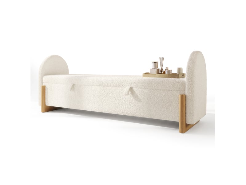  Banc coffre 166x47x61 cm blanc en chenille bouclette, rangement hydraulique avec fermeture amortie  - Conforama A