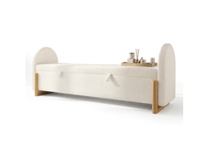 Banc coffre 166x47x61 cm blanc en chenille bouclette, rangement hydraulique avec fermeture amortie