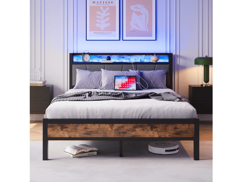 Cadre de lit 140x200 cm avec led, tête de lit rangement et ports usb, marron antique - Conforama B
