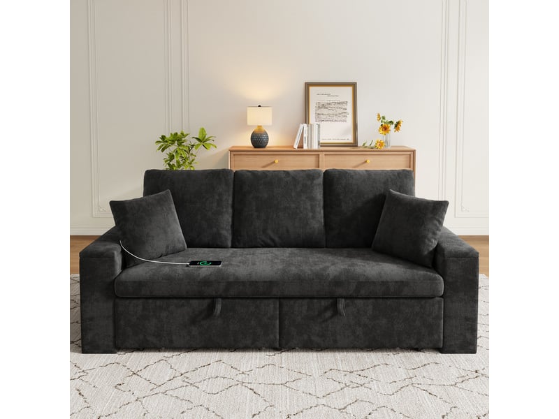 Canapé droit convertible ,3 places,avec rangement, tablette d'accoudoir et port de charge usb,210x192x93 cm,gris - Conforama D