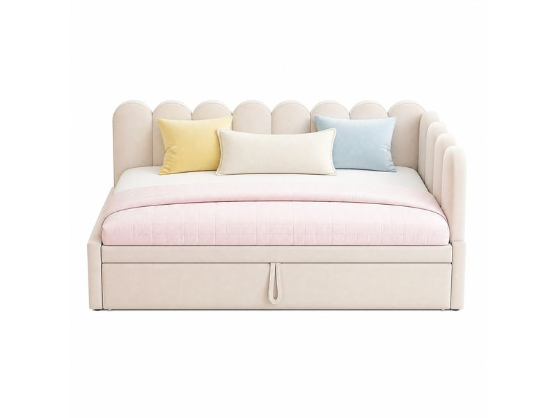 Canapé convertible en l avec lit gigogne et dossier, couchage 90 x 200 et 180 x 200 cm, revêtement en velours beige et rose - Conforama A
