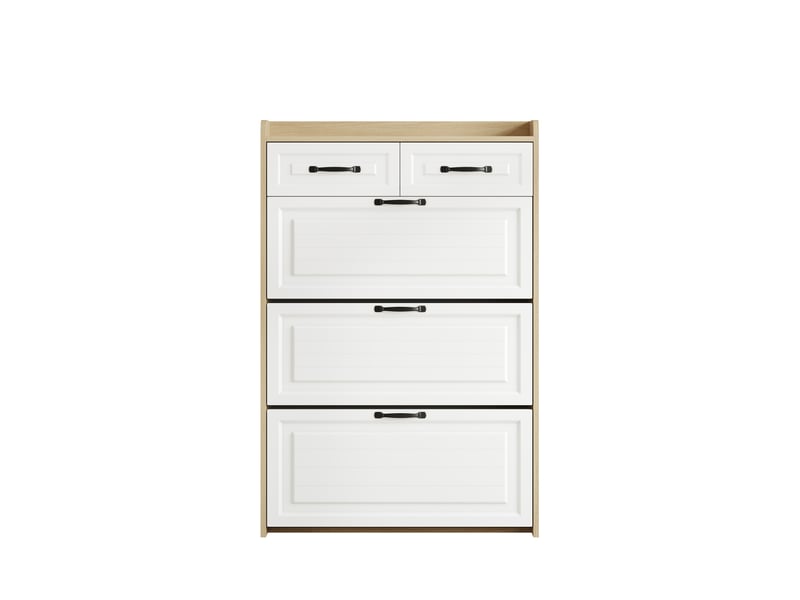 Meuble à chaussures avec 3 compartiments et 2 tiroirs - rangement pratique - mdf - sécurité anti-basculement - 125x80x23,5 cm - blanc et naturel  - Conforama A