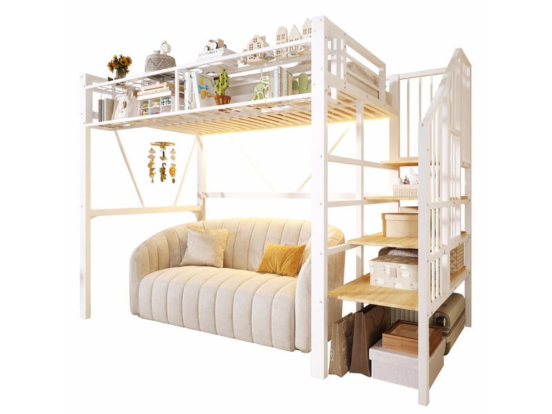  Lit mezzanine,90x200 cm,avec rangements et led,métal et mdf,blanc  - Conforama A