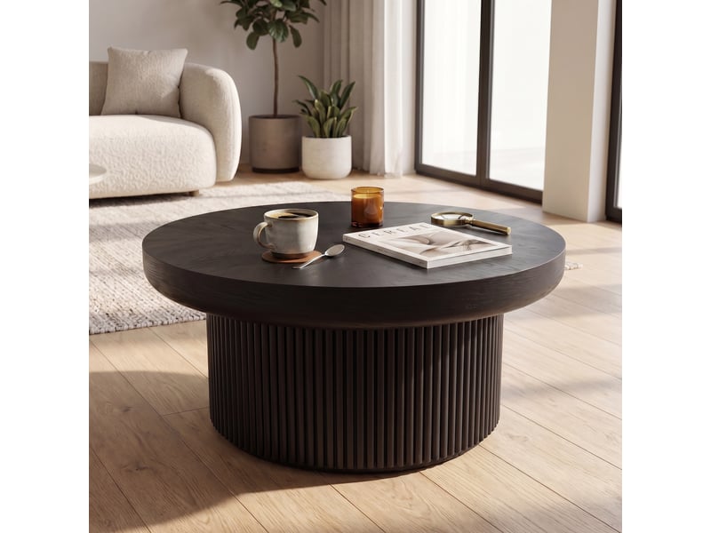  Table basse ronde 78x78x38,5 cm - avec plateau en parquet de bois véritable enchâssé et piétement tambour cannelé – mdf - noir  - Conforama D