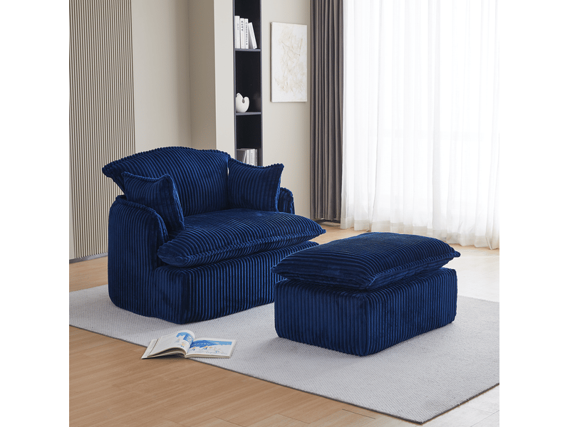 Fauteuil compressé avec pouf en velours côtelé bleu - Conforama D