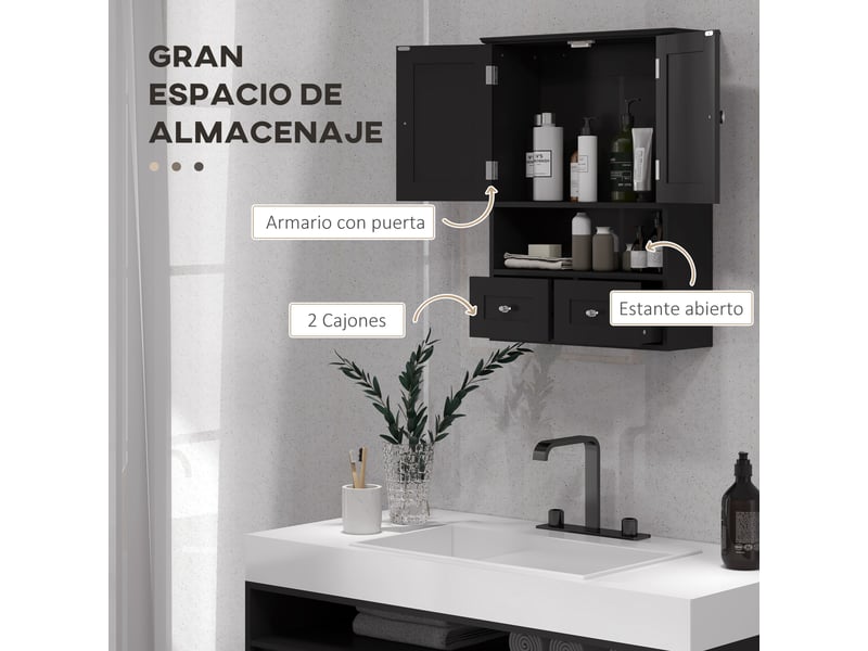  Meuble de salle de bain mural, unité de rangement suspendue avec 2 portes et 2 tiroirs, 50,8 x 17,8 x 66 cm, noir  - Conforama D