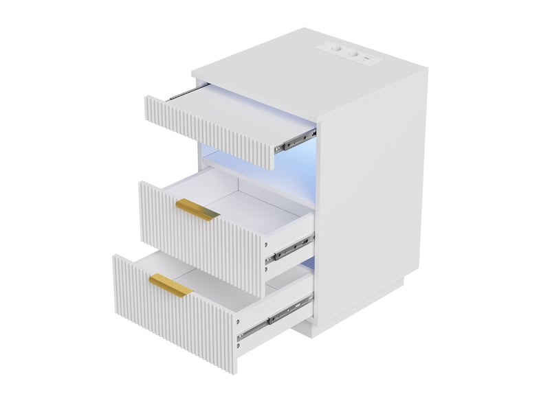  Table de chevet style luxe blanc à texture cannelée 60×40×40 cm, 2 tiroirs avec tiroir caché, éclairage led rgb, station de charge prises secteur, usb‑a et usb‑c, compartiment de rangement ouvert  - Conforama A