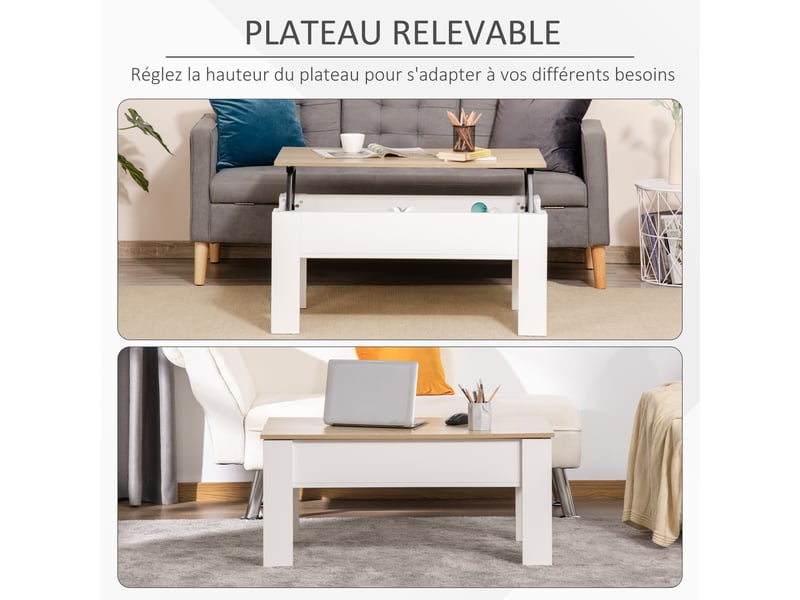  Table basse relevable, table de salon avec compartiment caché, style moderne, pour salon, 100x50x45cm, bureau, blanc  - Conforama D