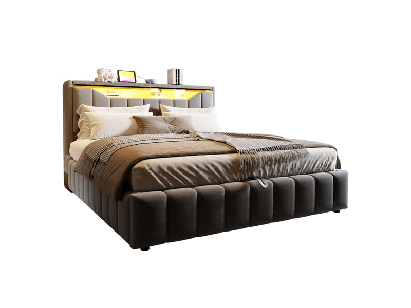  Lit coffre modenvie 180 x 200 cm avec rangement hydraulique, led, usb et usb-c, tissu en lin gris  - Conforama A