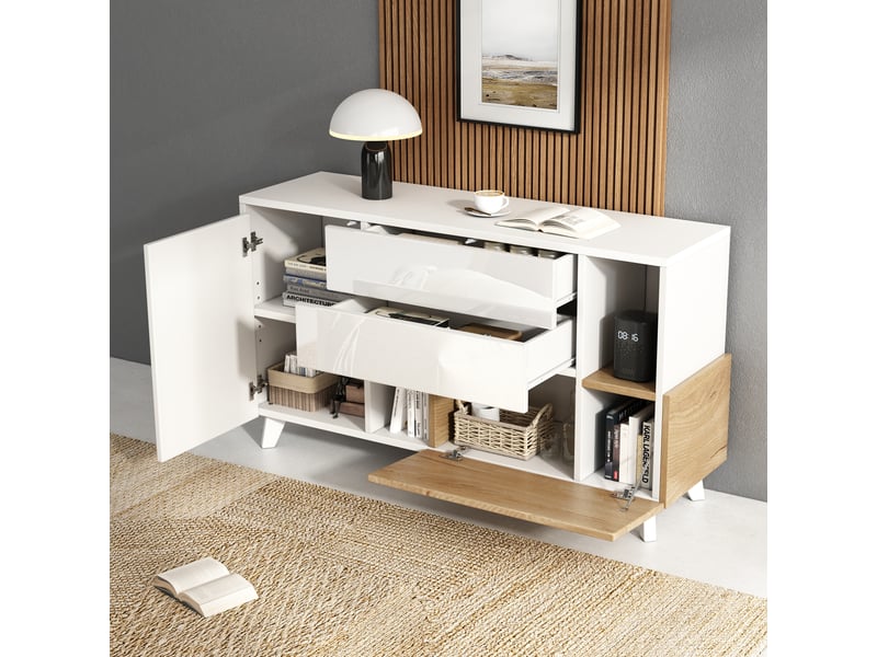  Buffet scandinave blanc brillant et bois, meuble de rangement 2 portes 2 tiroirs avec niches, 130 x 40 x 70 cm  - Conforama B