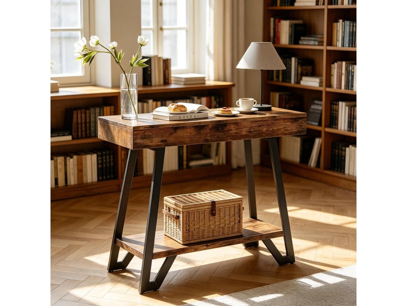  Table d'appoint l103 x p30 x h80 cm en mdf et métal à 2 niveaux noir et marron rustique chicfurn  - Conforama E