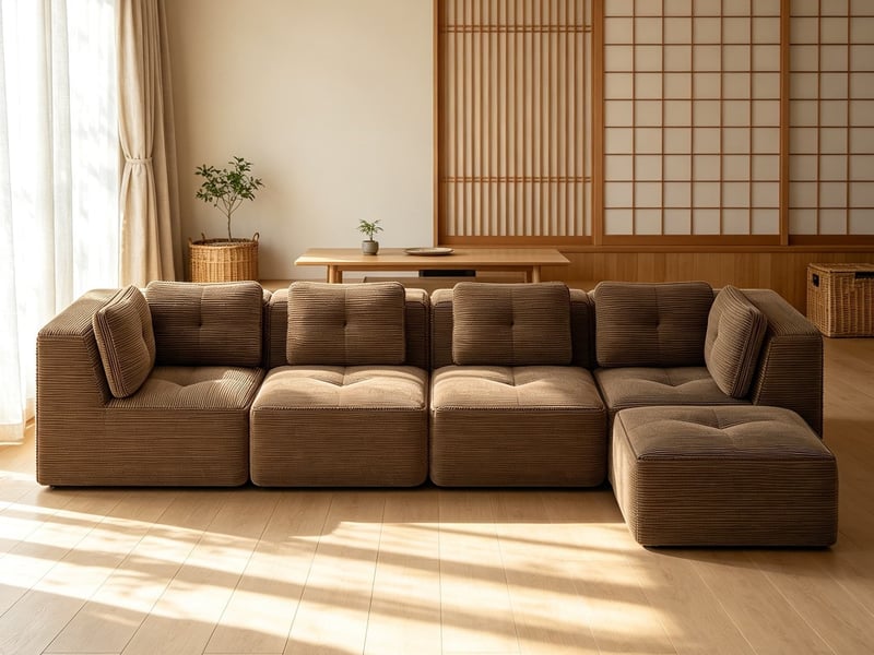  Canapé modulable 4 places, lignes généreuses, coussins souples et revêtement côtelé, 69 × 386 × 177 cm, marron  - Conforama B