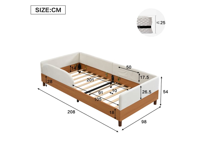 Lit simple 90x200 cm en velours blanc et bois avec 2 poches de rangement - Conforama C