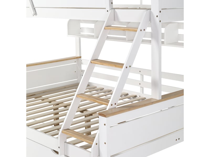 Lit superposé 90+140x200cm, lit enfant avec 2 tiroirs, escalier, moulin à vent et sommiers, rangement, pin+mdf, blanc+naturel - Conforama R
