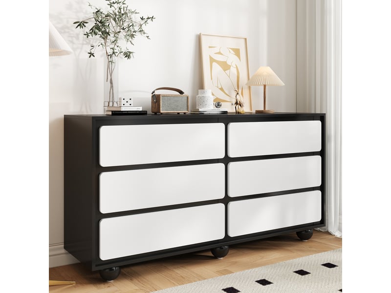  Commode avec 6 tiroirs, bords arrondis et pieds en métal, pour chambre ou salon, panneaux de particules, blanc et noir, 140×38×74,5 cm  - Conforama C