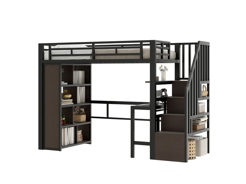  Lit mezzanine 90 x 200 cm sans matelas, structure métal, bureau, led, usb, escalier avec rangement, noir  - Conforama A