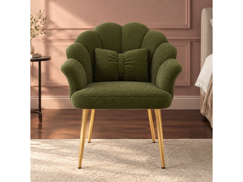  Fauteuil 1 place en tissu teddy vert avec dossier pétale et pieds dorés  - Conforama D
