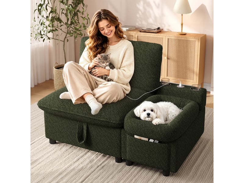  Canapé 1 place pour humain et animal, lit pour chatpetit chien intégré, coffre de rangement, usbtype-c, 2 porte-gobelets, bouclé,blanc Morn Vibe - Conforama C