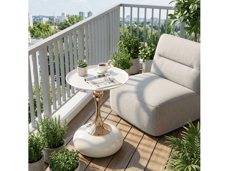 Table basse fixe ronde avec plateau et piètement en métal, format compact, pour salon ou chambre, blanc et doré - Conforama C