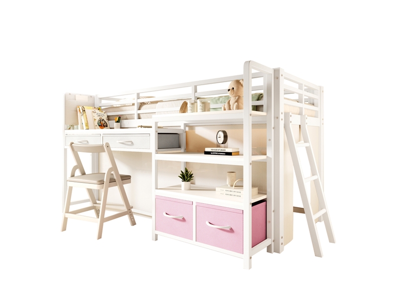  Lit mezzanine enfant 90x200cm avec bureau, lit surélevé avec tiroirs en tissu, étagères ouvertes, rideau et led multicolore, structure en métal, blanc Seren Glow - Conforama A