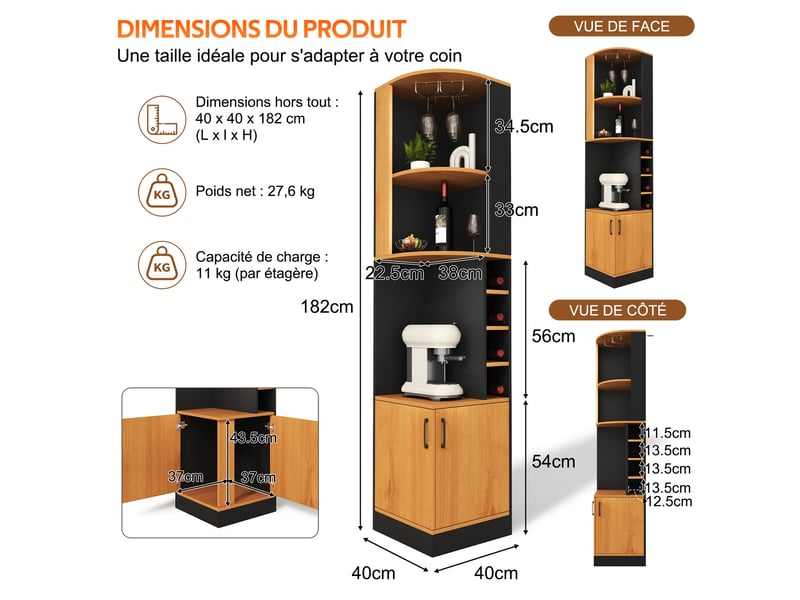 Meuble de cuisine muvano, meuble à vin d'angle en mdf noir avec porte-verres, 40 × 40 × 182 cm  - Conforama W