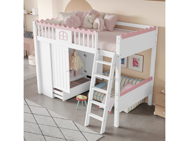  Lit mezzanine 90x200 cm - lit déco avec tiroir et penderie, lumière led télécommandée, structure bois et mdf, sans matelas - blanc  - Conforama B