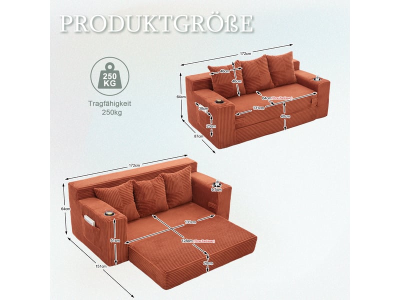 Canapé modulable 2 places orange en velours côtelé avec rangement latéral et portes-gobelets - Conforama C