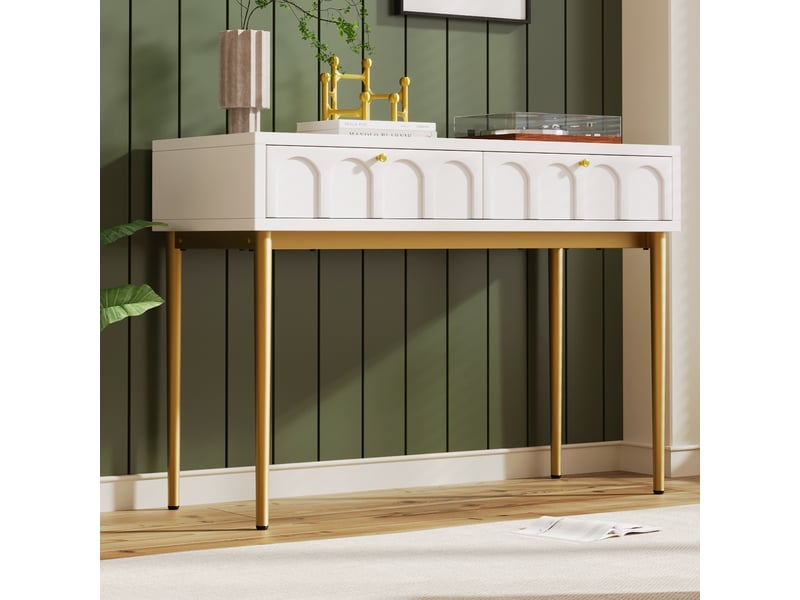  Coiffeuse blanc crème à 2 tiroirs, pieds en métal, 100 x 45 x 76,5 cm  - Conforama B